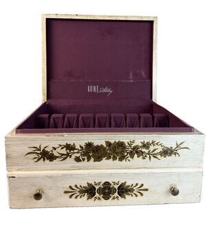 VTG Lunt Sterling Mahogany Flatware Chest Distressed Florentine Style w/ Drawer